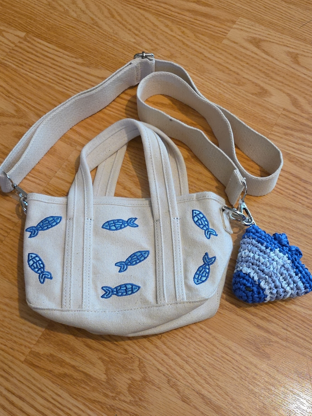 C&C California Cream Canvas Mini Tote with Blue Fish Embroidery